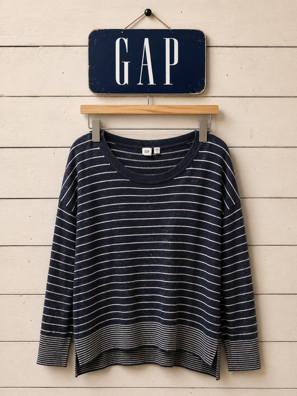 GAP Navy Blue and White Striped Sweater - Size L Petite